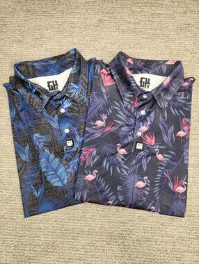 Greater Half Set Of 2 Polo Shirts Mens XL AOP Flamingo Blue Leaf Golf Quick Dry